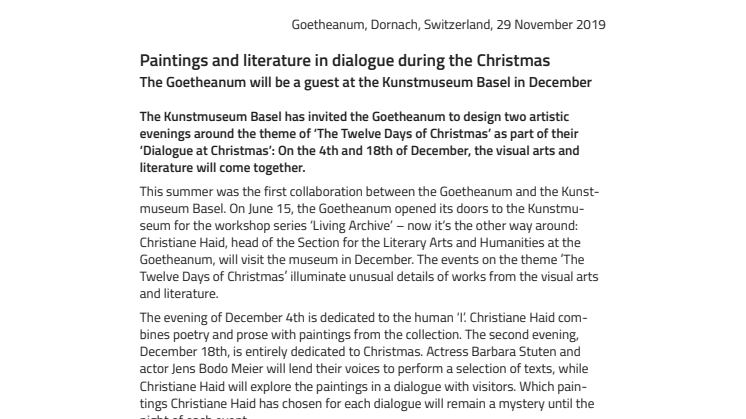 Paintings and Literature in Dialogue during the Christmas. ​The Goetheanum will be a guest at the Kunstmuseum Basel in December