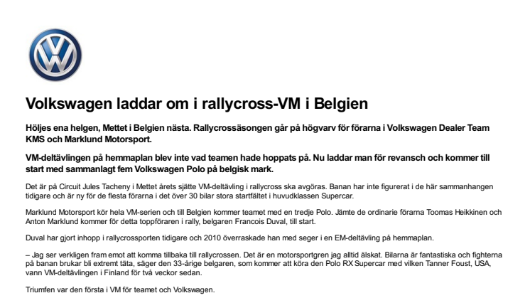 Volkswagen laddar om i rallycross-VM i Belgien