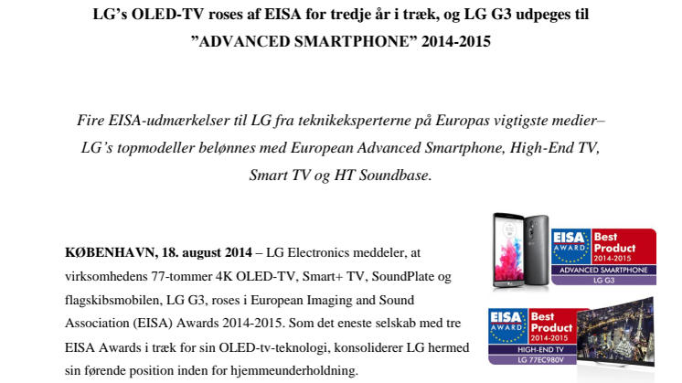 LG’s OLED-TV roses af EISA for tredje år i træk, og LG G3 udpeges til ”ADVANCED SMARTPHONE” 2014-2015