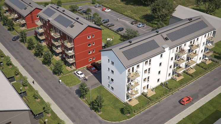 Översiktsillustration av husen i det nya kvarteret BoKlok Orangeriet i Vänersborg. 