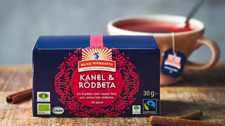 Nyhet! Kung Markatta Kanel & Rödbeta är ett ekologiskt kryddte med en god och unik smak i tehyllan. Teet är märkt med KRAV, Fairtrade, Ä-märket och Klimatkompenserade transporter.