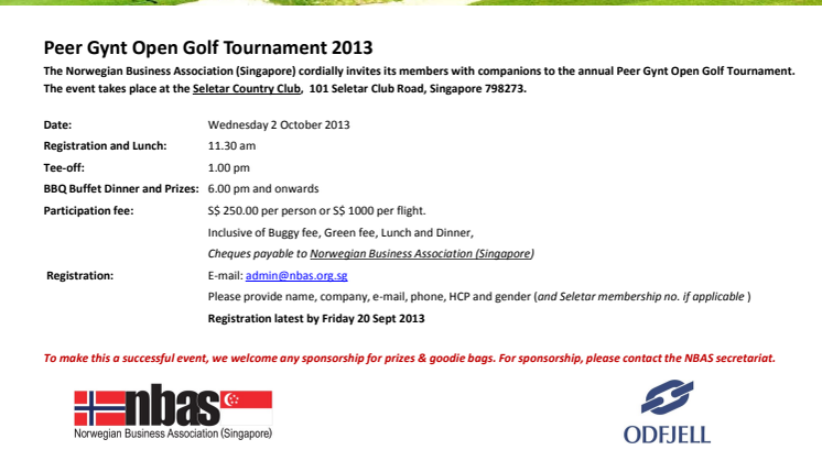 Invitation to the annual Peer Gynt Open Golf Tournament - Wednesday 2 October 2013