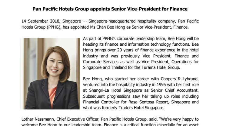 Pan Pacific Hotels Group appoints Senior Vice-President for Finance