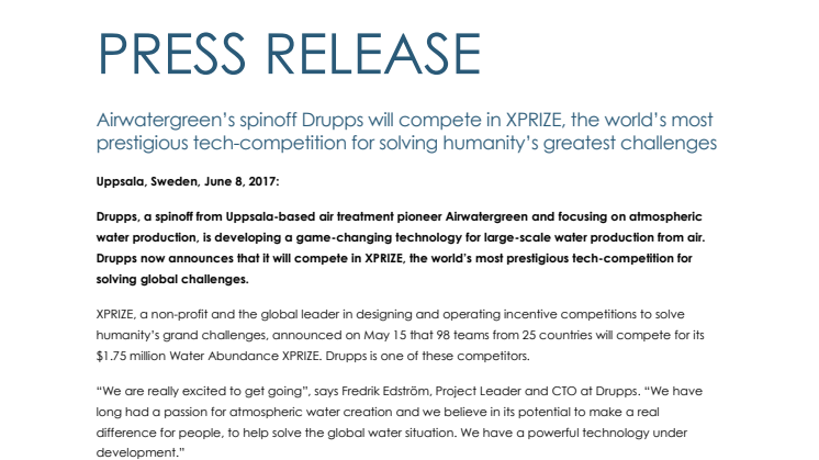 Airwatergreen’s spinoff Drupps will compete in XPRIZE, the world’s most prestigious tech-competition for solving humanity’s greatest challenges