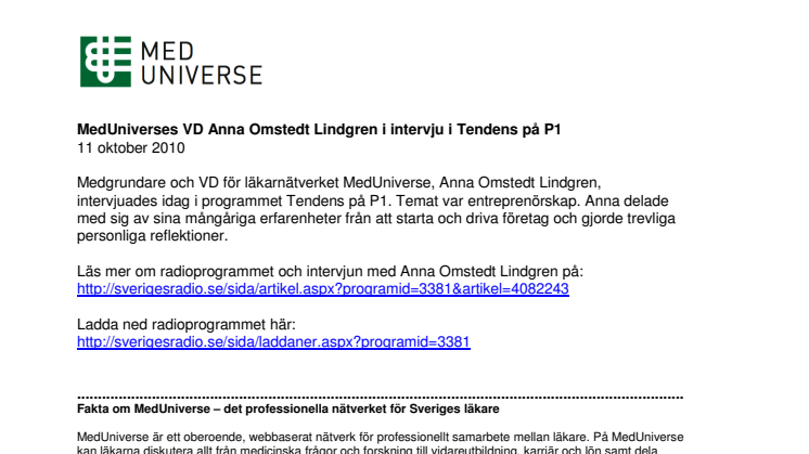 MedUniverses VD Anna Omstedt Lindgren i P1 Tendens