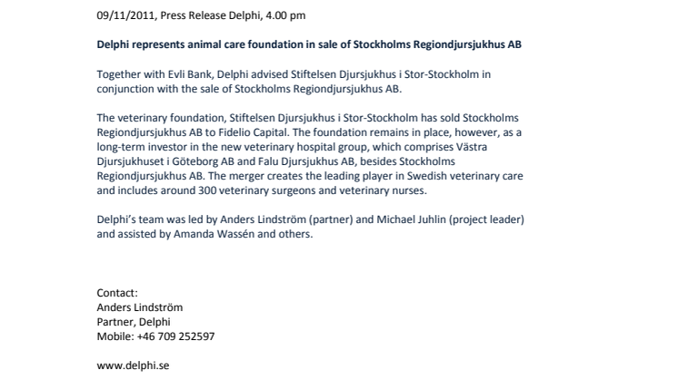 Delphi represents animal care foundation in sale of Stockholms Regiondjursjukhus AB