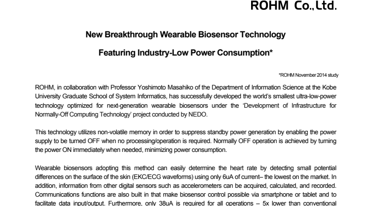 New Breakthrough Wearable Biosensor Technology Featuring Industry-Low Power Consumption*