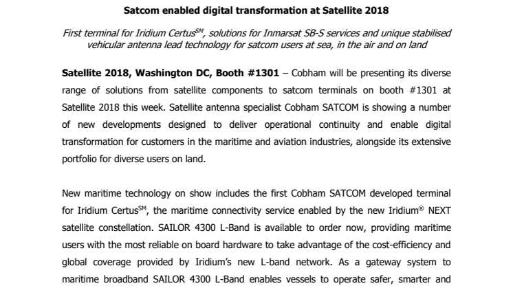 Cobham SATCOM - Satellite 2018: Satcom enabled digital transformation at Satellite 2018