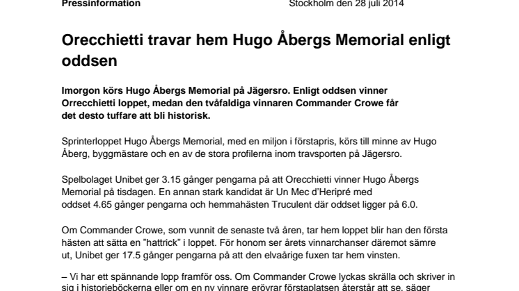 Orecchietti travar hem Hugo Åbergs Memorial enligt oddsen