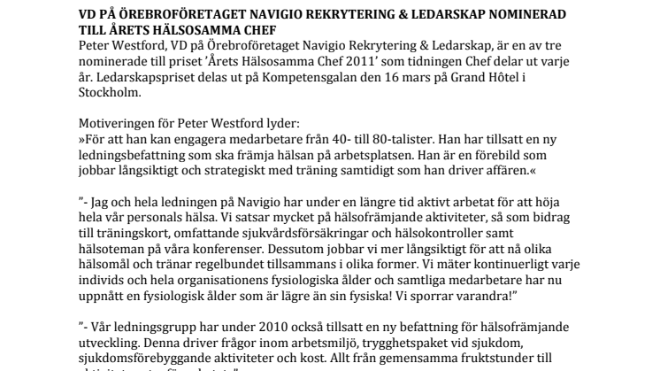 VD på Örebroföretaget Navigio Rekrytering & Ledarskap Nominerad till årets hälsosamma chef
