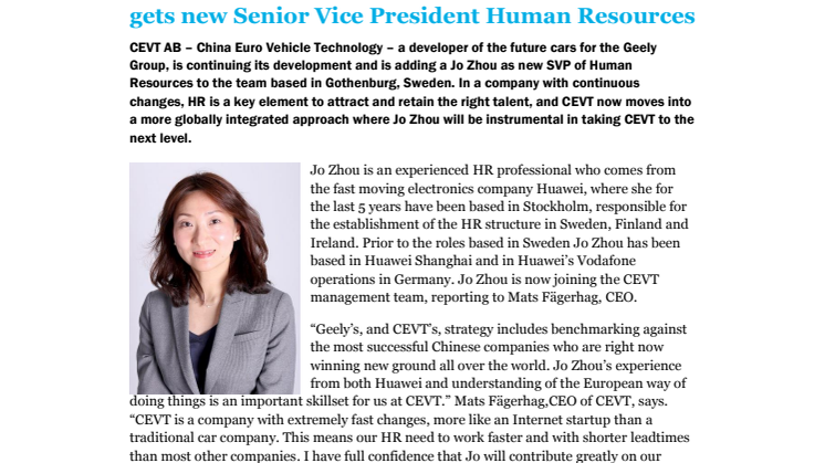 Sweden’s fastest moving automotive developer gets new Senior Vice President Human Resources
