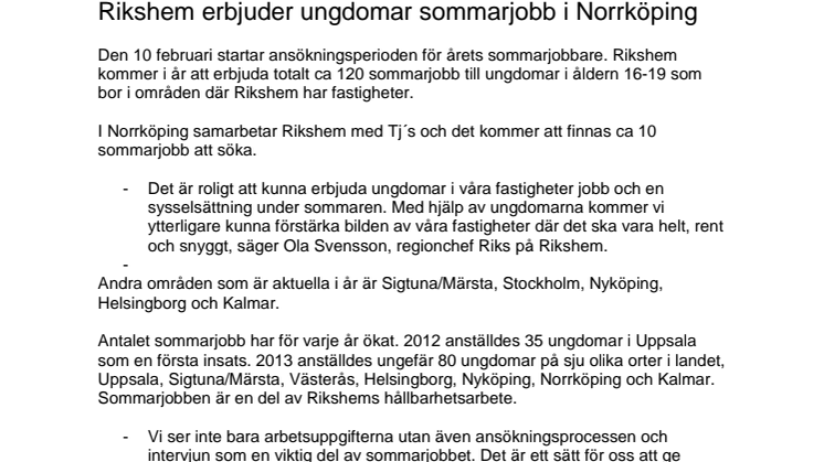 Rikshem erbjuder ungdomar sommarjobb i Norrköping