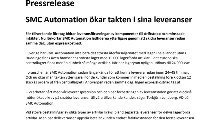 SMC Automation ökar takten i sina leveranser