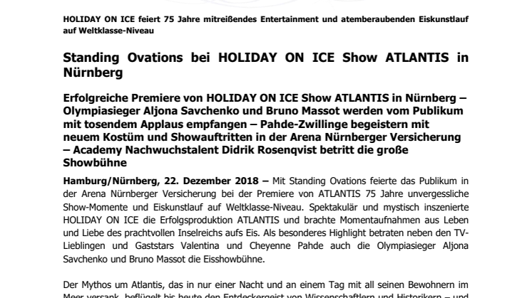 Standing Ovations bei HOLIDAY ON ICE Show ATLANTIS in Nürnberg