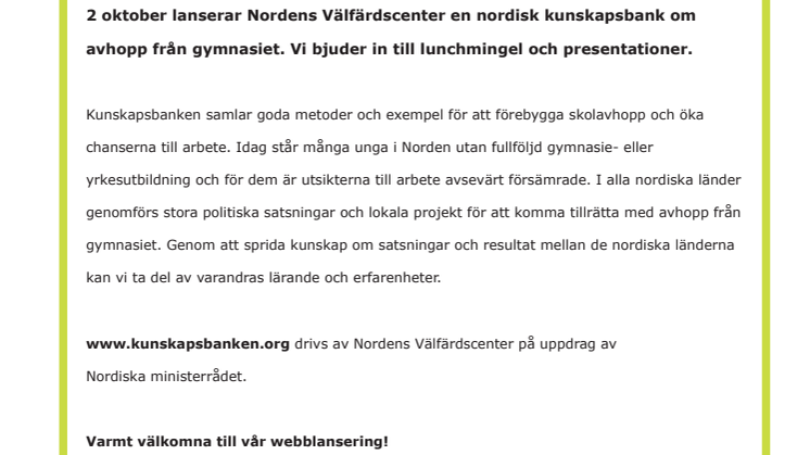 Webblansering - nordisk kunskapsbank om skolavhopp