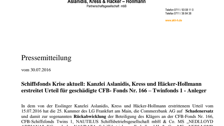 Schiffsfonds Krise aktuell: AKH-H erstreitet obsiegendes Urteil für CFB Fonds 166 Anleger gegen Commerzbank AG