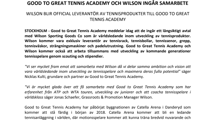 Good to Great Tennis Academy och Wilson ingår samarbete