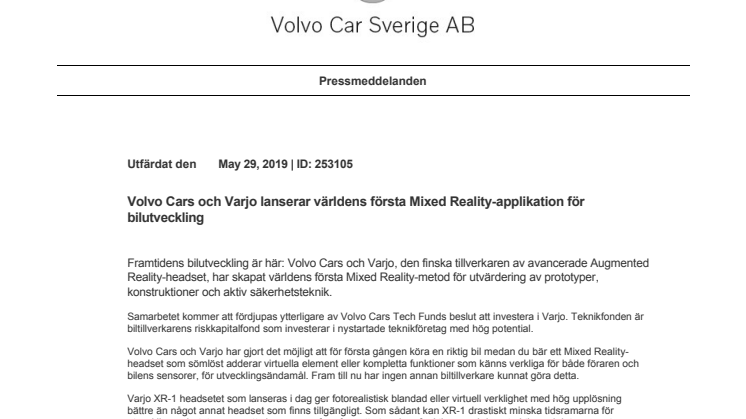 Volvo Cars och Varjo lanserar världens första Mixed Reality-applikation för bilutveckling