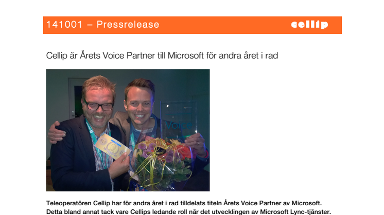 Cellip är Årets Voice Partner till Microsoft för andra året i rad