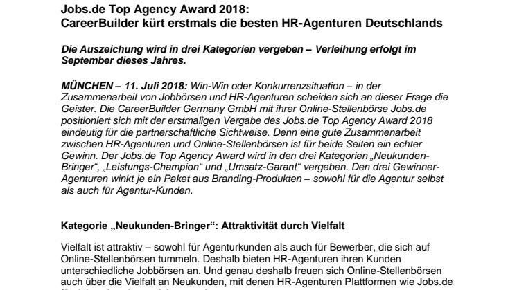Jobs.de Top Agency Award 2018: CareerBuilder kürt erstmals die besten HR-Agenturen Deutschlands