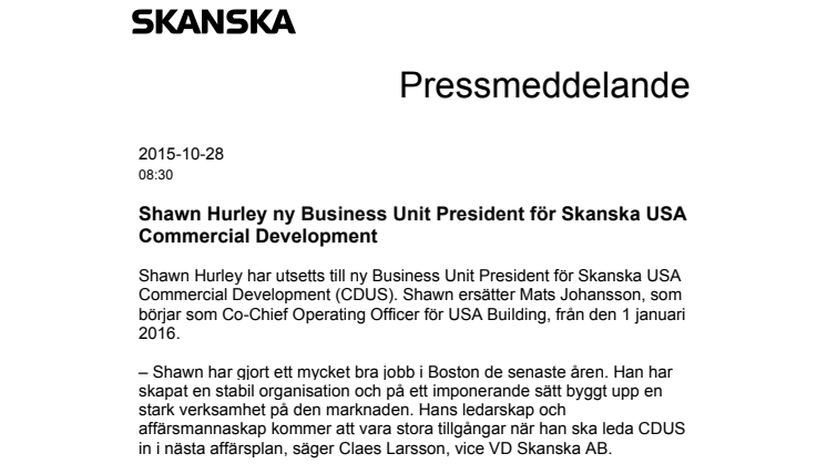 Shawn Hurley ny Business Unit President för Skanska USA Commercial Development