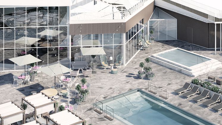 Visualisering över nytt terrassområde, projekterat av Dreem 