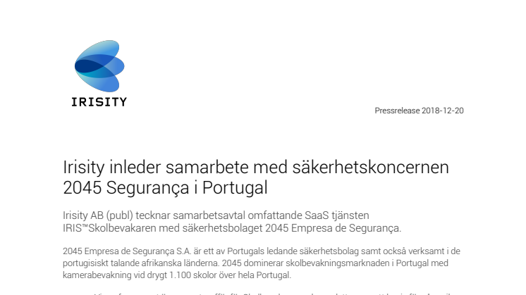 Irisity inleder samarbete med säkerhetskoncernen 2045 Segurança i Portugal