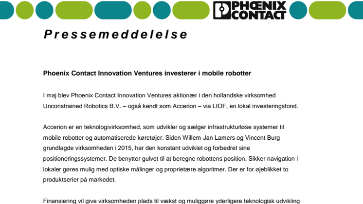 ​  Phoenix Contact Innovation Ventures investerer i mobile robotter