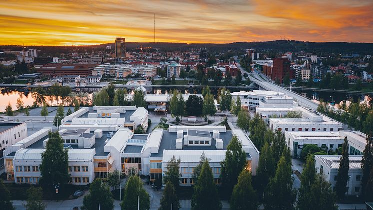 Vy över Campus Skellefteå med stadens centrum och Sara kulturhus i bakgrunden. Fotograf Jonas Westling.