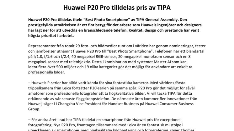  Huawei P20 Pro tilldelas pris av TIPA 
