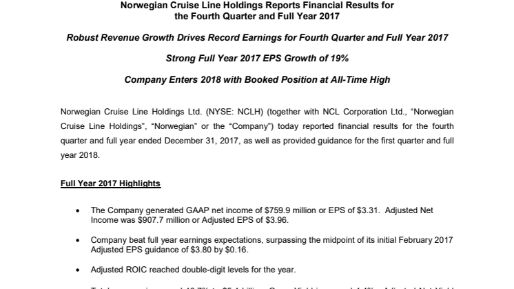 Norwegian Cruise Line Holdings Reports Financial Results for the Fourth Quarter and Full Year 2017