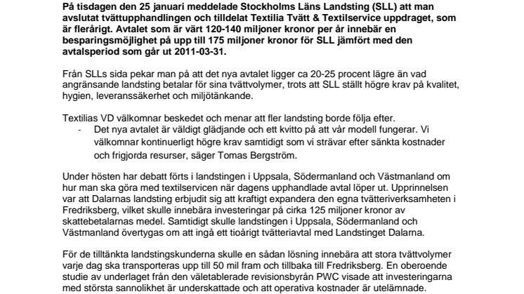 Tvättupphandling sparar upp till 175 miljoner kronor i Stockholms Läns Landsting 