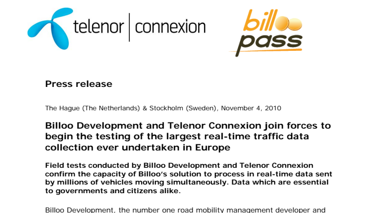Billoo Development and Telenor Connexion join forces to begin the testing of the largest real-time traffic data collection ever undertaken in Europe