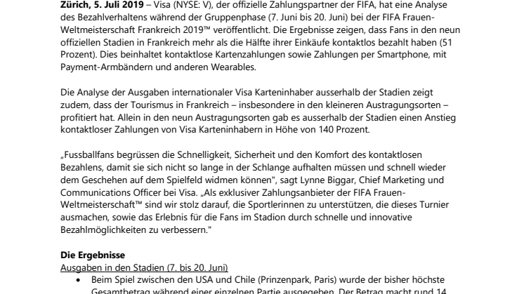 Kontaktloses Bezahlen mit Visa punktet bei der  FIFA Frauen-Weltmeisterschaft Frankreich 2019™