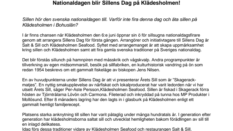 Nationaldagen blir Sillens Dag på Klädesholmen!