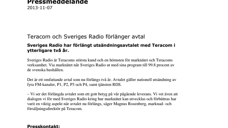 Teracom och Sveriges Radio förlänger avtal