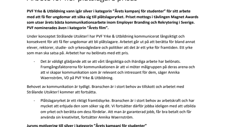 Arbete för fler plåtslagare prisas