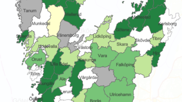 Karta över länet som ger en överblick över kommunernas åtaganden i länets klimat- och miljöarbete. 