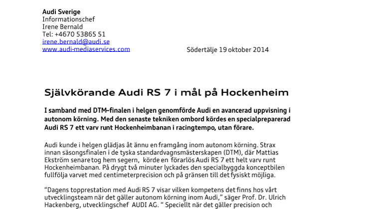 Självkörande Audi RS 7 i mål på Hockenheim