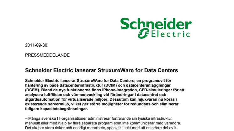 Schneider Electric lanserar StruxureWare for Data Centers