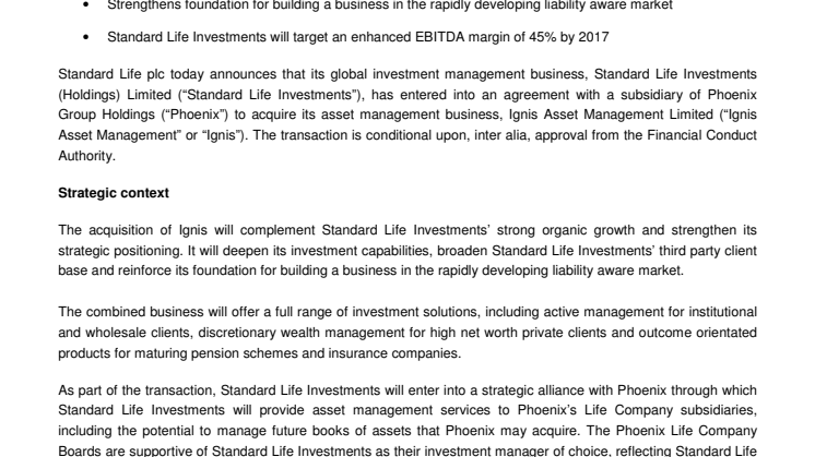 Standard Life Investments stärker sin strategiska position genom förvärv av Ignis Asset Management