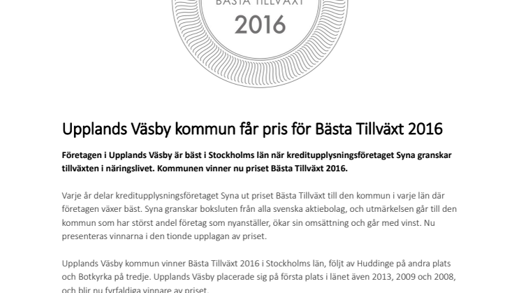Upplands Väsby kommun får pris för Bästa Tillväxt 2016