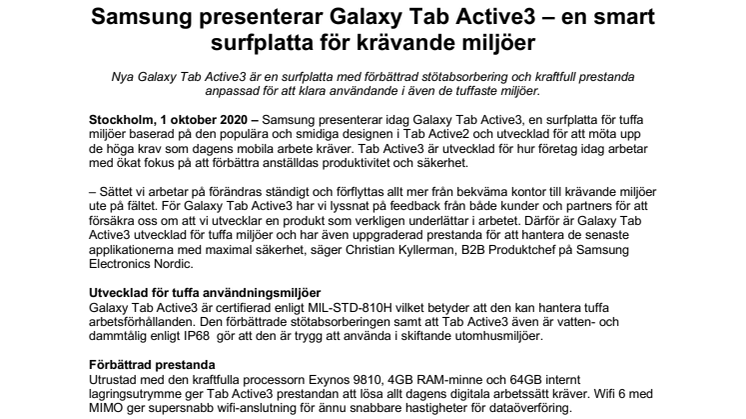 Samsung presenterar Galaxy Tab Active3 – en smart surfplatta för krävande miljöer