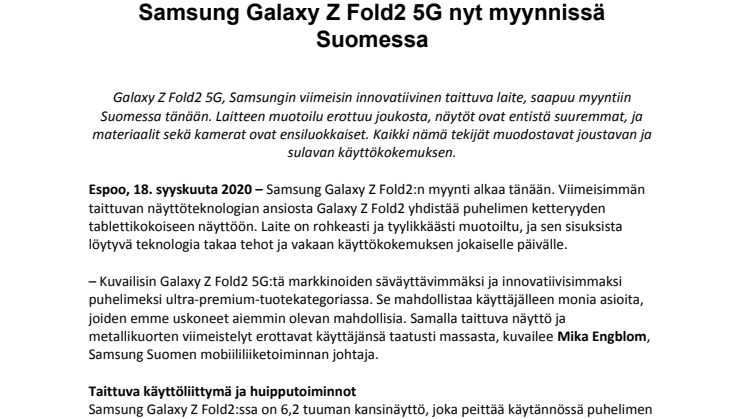 Samsung Galaxy Z Fold2 5G nyt myynnissä Suomessa