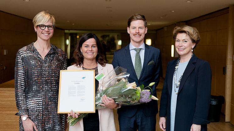 Umlax AB:s vd Anna-Carin Jonsson med statssekreterare Elisabeth Backteman, Livsmedelsföretagens kommunikationschef Jimmy Sandell och Ylva Berg, vd för Business Sweden