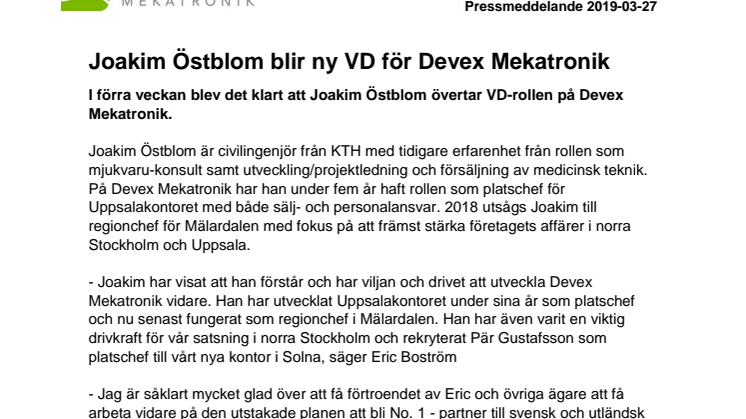 Joakim Östblom blir ny VD för Devex Mekatronik