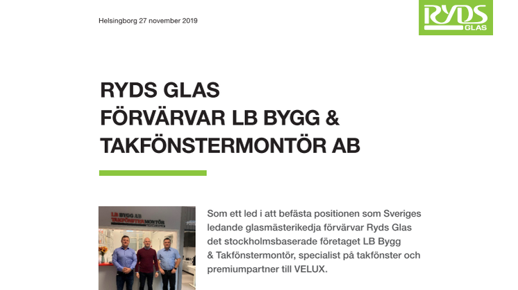 Ryds Glas förvärvar LB Bygg & Takfönstermontör AB 