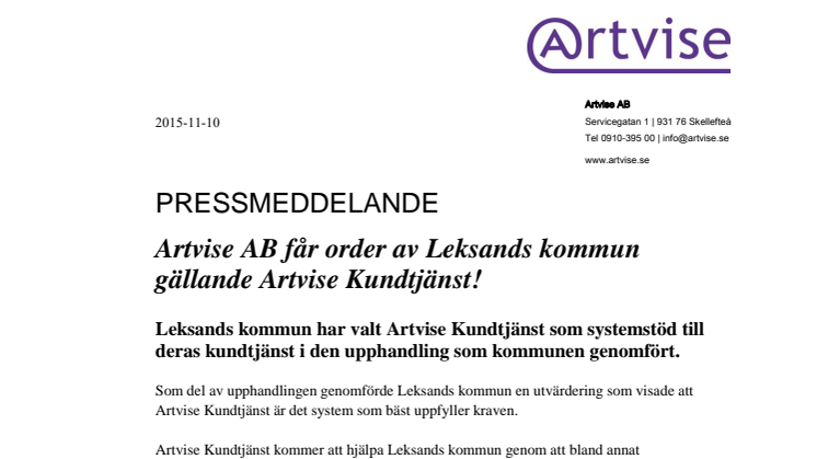 Artvise AB får order av Leksands kommun gällande Artvise Kundtjänst! 