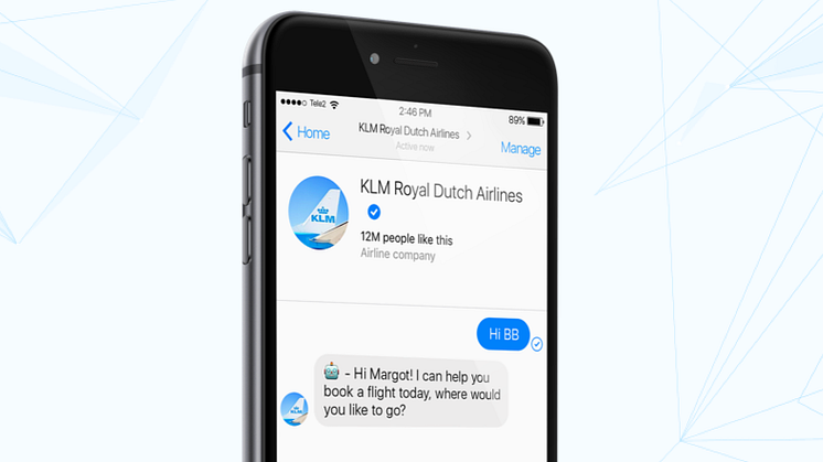 BlueBot håndterer bestilling av flyreiser direkte i Messenger.