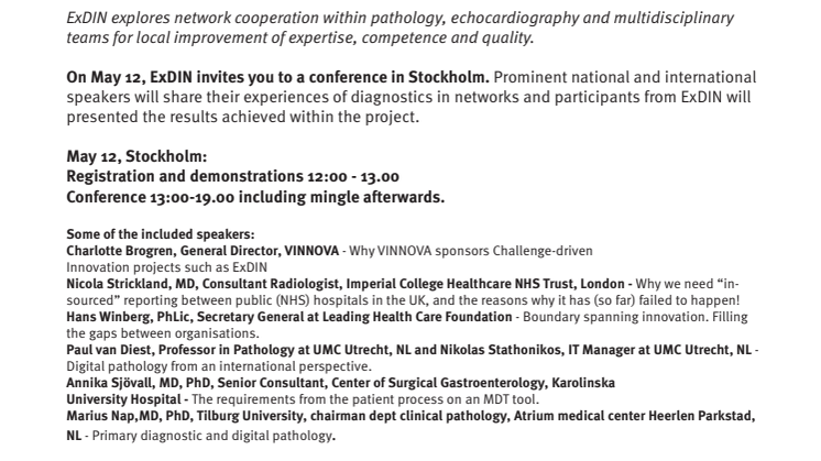 Invitation to ExDIN conference May 12, Diagnostic Networks - the future of health care